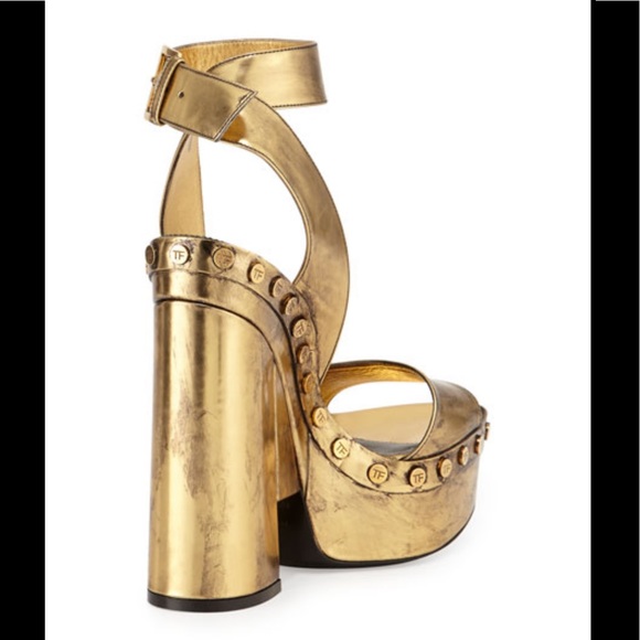 Tom Ford Women's Gold Metallic Ankle-Wrap Plataform Sandal Size 38.5 - Picture 4 of 11
